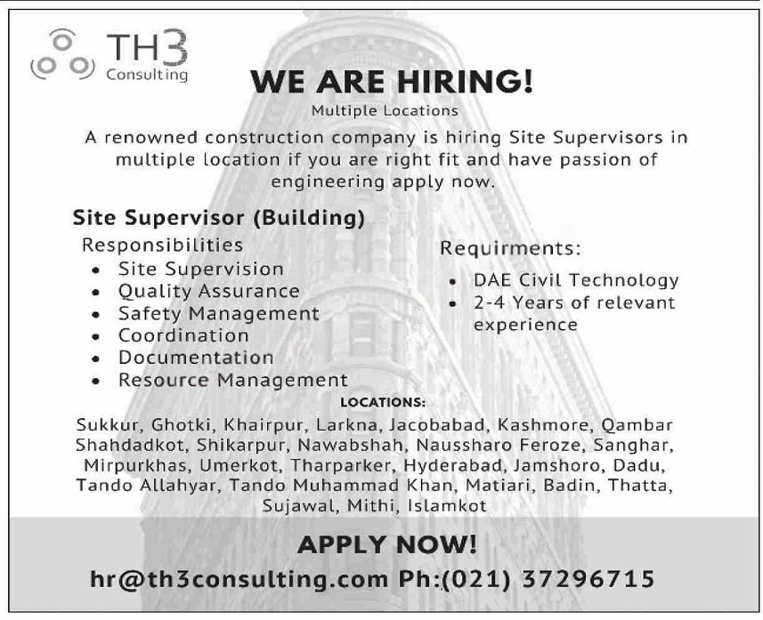 TH3 Consulting Site Supervisor Jobs 2025 – Construction Jobs in Pakistan