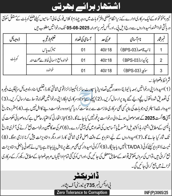 PO Box 735 Peshawar Jobs 2025 Advertisement – Naib Qasid, Chowkidar, Sweeper