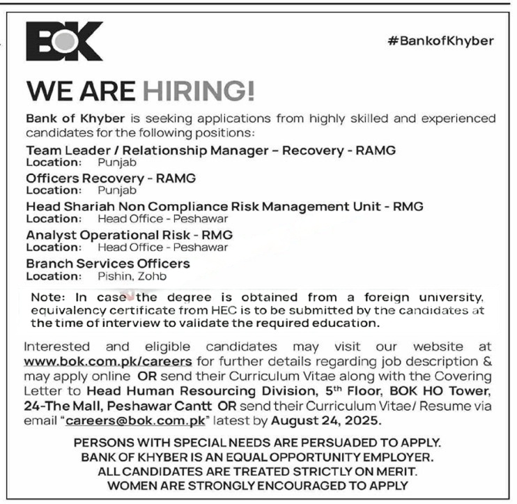 Bank of Khyber Jobs 2025 Advertisement