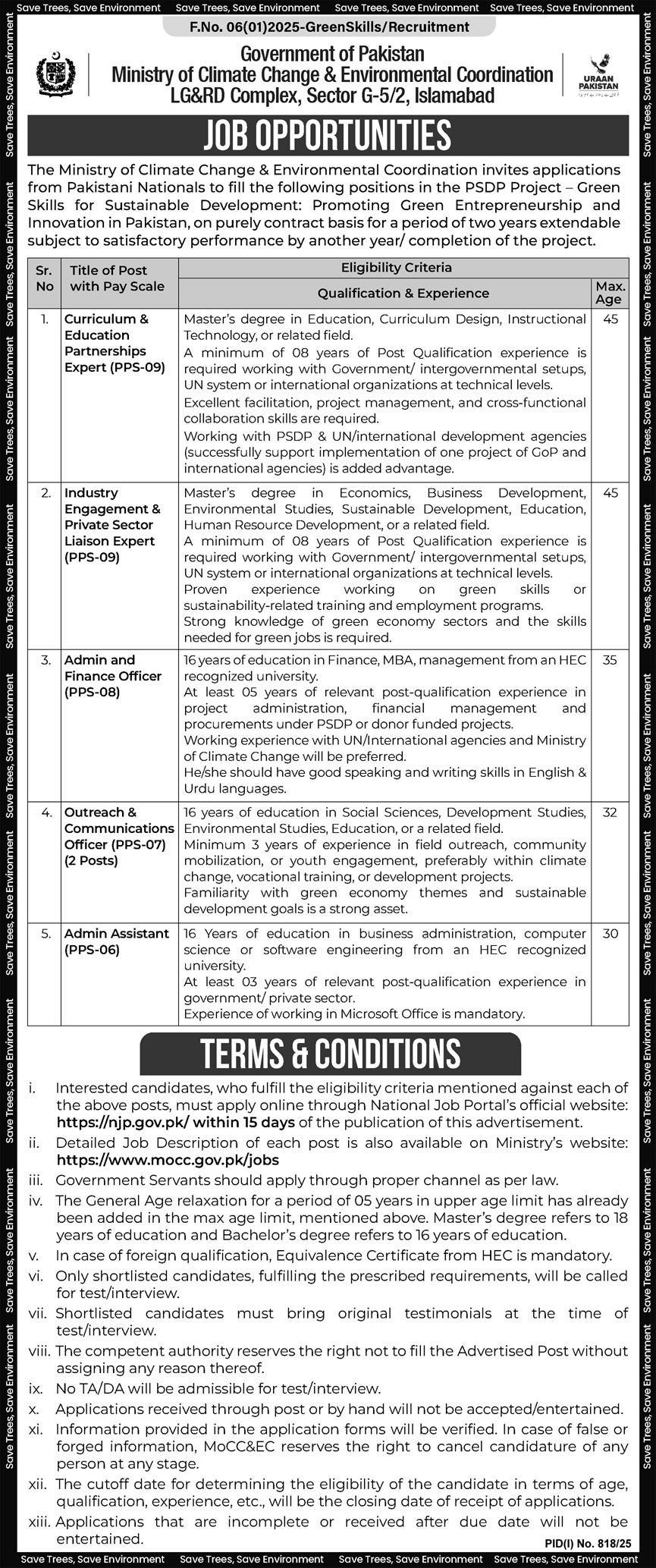 Ministry of Climate Change Islamabad Jobs Advertisement 2025 – Apply Online
